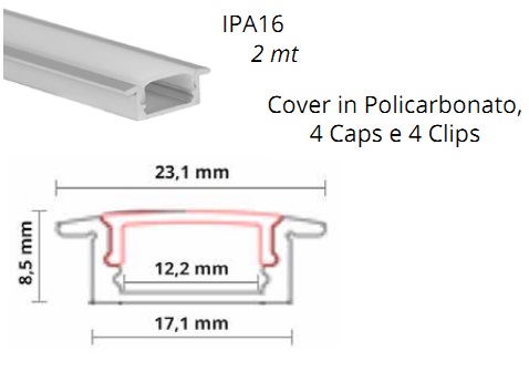 Profilo Alluminio Incasso 2mt completo di cover Opaca, Tappi e Clip
